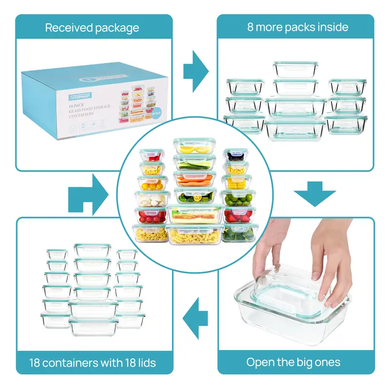 18-Piece Glass Meal Prep Containers with Airtight Lids, BPA-Free & Leakproof