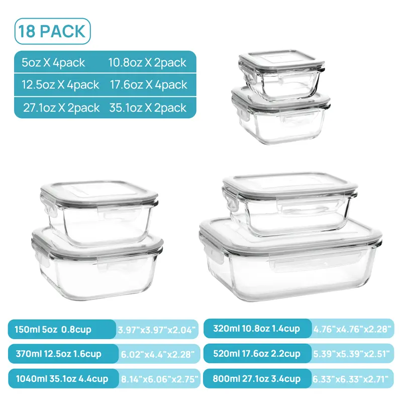 18-Piece Glass Meal Prep Containers with Airtight Lids, BPA-Free & Leakproof